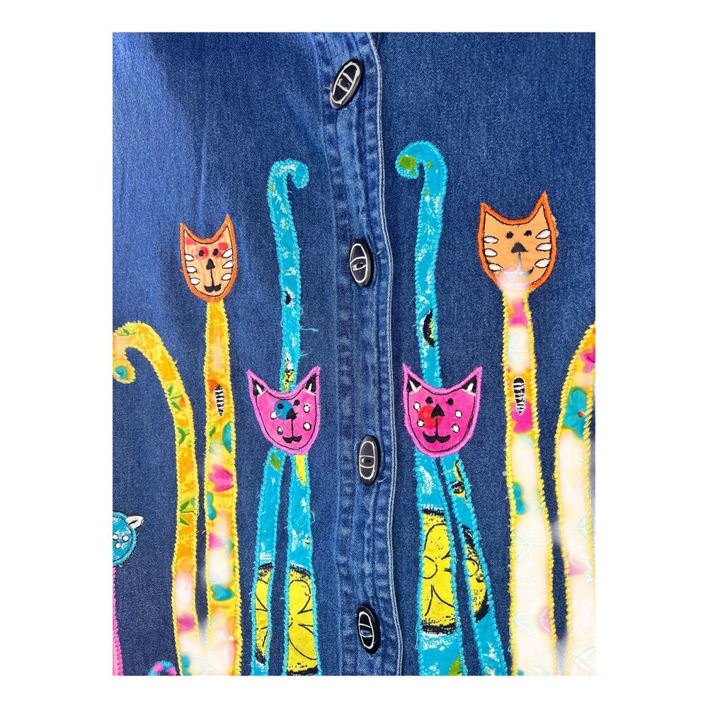 Vintage Y2K Embroidered Cat Denim Vest Folk Art Cottagecore Top Size L - Picture 6 of 7